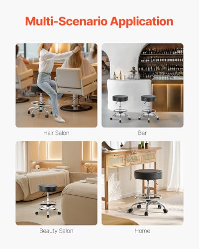 Image of VEVOR Rolling Stool with Foot Rest and Wheels, 450 LBS Weight Capacity Round Rolling Stool Chair, Height Adjustable Thickened PU Leather Swivel Stool for Salon, Spa, Massage, Tattoo, Clinic, Black