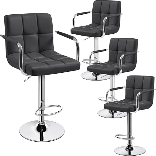 Image of Yaheetech Bar Stools Set of 4, Swivel with Backs, Adjustable Height, Gray