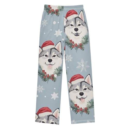 Xmas Husky Snowflake Boys Long Pants Soft Trousers Elastic Waist Kids Lounge Bottoms with Pockets S-XL
