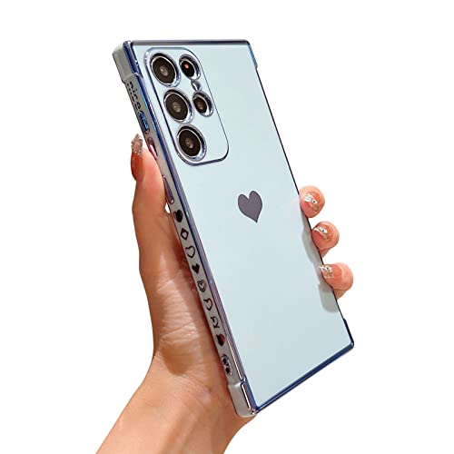 phylla Design for Samsung Galaxy S24 Ultra 6.8” 5g Phone Case,Luxury Plating Cute Love Heart Side Small Pattern Case Full Camera Protection Soft Silicone Shockproof Electroplated Bumper Cover (Blue)