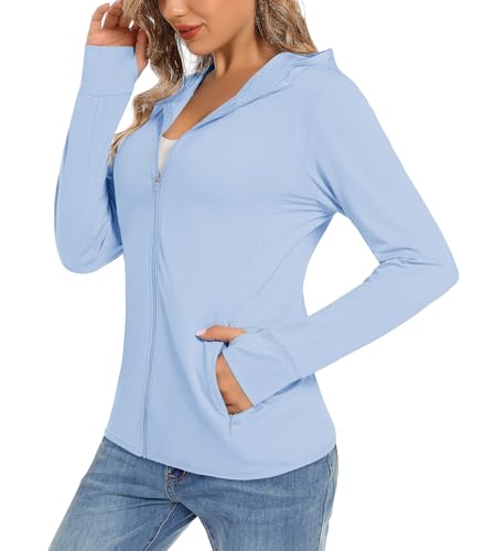 TACVASEN Damen UV Jacke Kapuze Sportjacke UPF 50+ Langarmshirt Laufshirt Schnelltrocknend Full Zip Sun Hoodie mit Daumenloch (Blass Blau S)