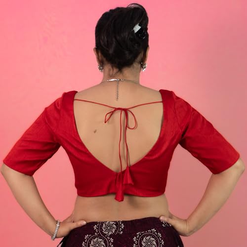 Image of FIGURE'S DESIGNER Women's Dupion Raw Silk Half Elbow Sleeves Sweetheart V Neck Sabyasachi Cut Readymade Saree Blouse S10