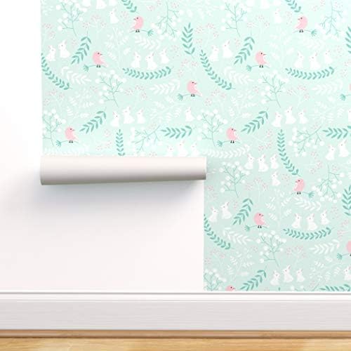 Spoonflower Non-Pasted Wallpaper, Rabbit Sweet Bunny On Mint Nursery Decor Hare Bird Flowers Berry Print, Swatch 12in x 24in