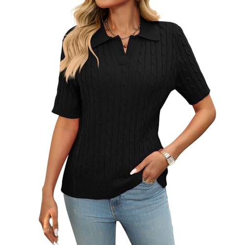 Women Short Sleeve Sweater Tops Summer V Neck Cable Knit Pullover Casual Lapel Shirts