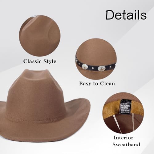 Image of 2 Pack Western Cowboy Hats for Women Men 4 Different hat Bands | Classic Felt Wide Brim Costume Cow Boy Hat Curved Brim Cowgirl Hat