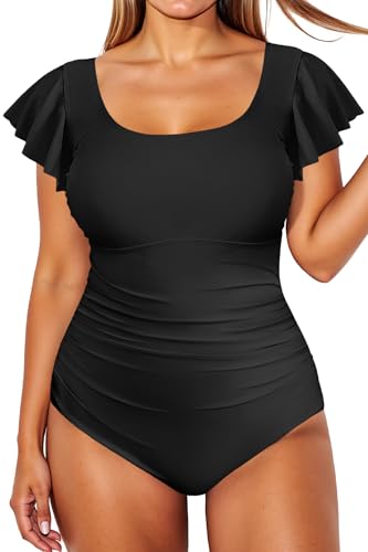 Plus Size One Piece Swimsuit - Women Tummy Control Bathing Suit Ruffle Vintage Swimwear with Sleeves