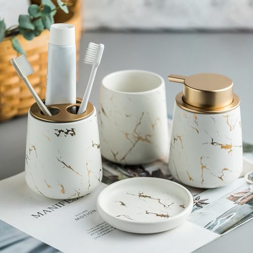 Juego de 4 Accesorios de baño de cerámica moteada, dispensador de jabón, portacepillos de Dientes, Vaso, jabonera, Color Blanco Mate