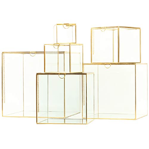 Koyal Wholesale Glass Museum Display Cases, Gold Cube Boxes, Set of 6 Mirrored Showcase Display Containers