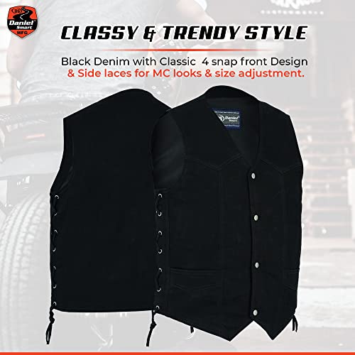 Daniel Smart Biker Vest For Men V-Shaped Neck Design Black Denim Vest With Plain Side And Concealment Armory Pocket #TOP2