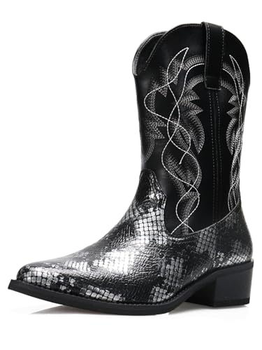Image of Python Manning Men's Boots Cowboy for Men Classic Pointed Toe Western Pull Up Snakeskin Embroidered Mid-Calf Boots