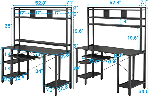 Sedeta Gaming Computer Desk, 55" Gaming Desk With Led Lights And Hutch, Computer Desk With Storage Shelves, Keyboard Tray & Monitor Stand, Home Office Desk, Gamer Desk Pc Table, Black #TOP1