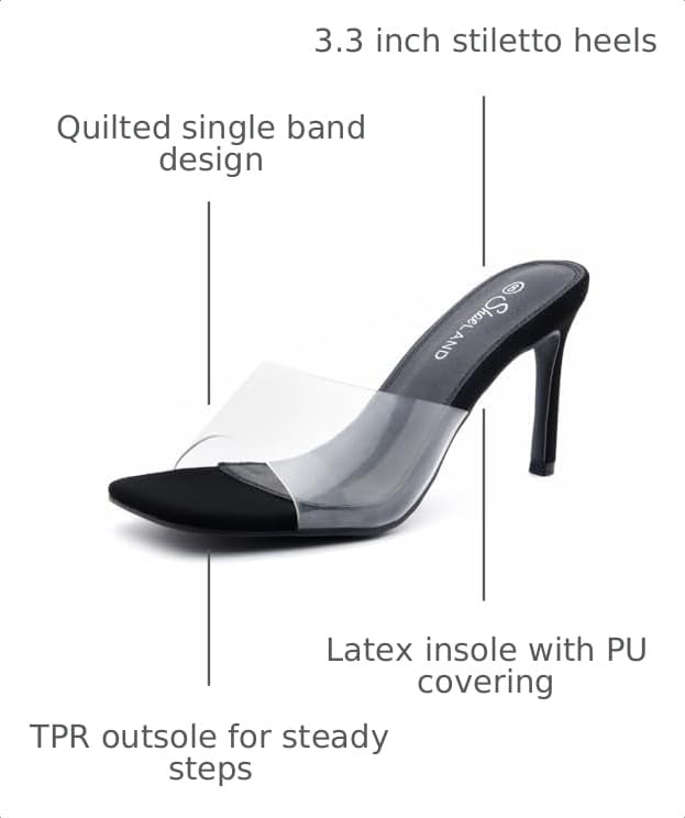 Image of Shoe Land Melrose Women's High Heels Stiletto Heeled Slides, Square Open Toe One Band Slip-On Heeled Mules - Dressy Clear Heeled Sandals for Prom Party Wedding and Vacation