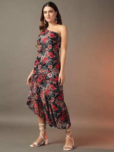 Image of Trend Arrest.ed Women's Floral One-Shoulder Cocktail Dress | Asymmetrical Hem with Lining | Adjustable & Removable Pads | Elegant Fit for Party, Wedding & Special Occasions