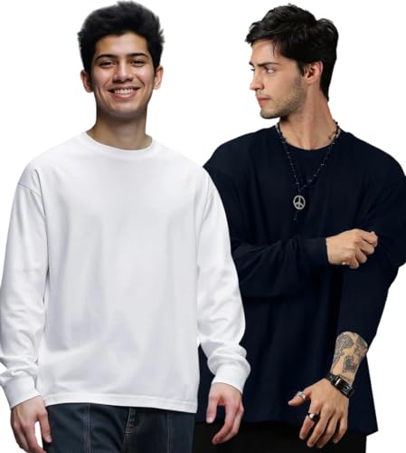 Image of Oversized Cotton Plain Full Sleeve Round Neck Combo T Shirt for Men Pack of 2
