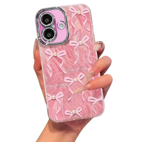 Image of VONZEE Compatible with iPhone 16 6.1'' Case Luxury Pink Girly Cute 3D Bow Pearl Glitter Bling Case with Full Camera Protection Shockproof Case PC+TPU Glossy Shiny Cover for Girls Women, Pink