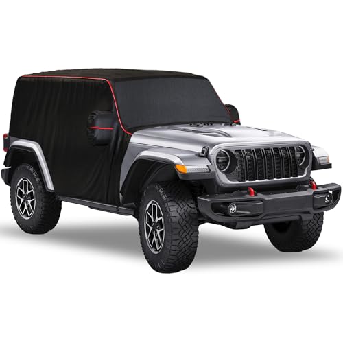 Image of MZS Cab Cover Compatible with Wrangler JK JL 2 Door 2007-2026, 600D Waterproof Wrangler Cover with Mirror Pocket 6 Gust Hook Car Half Cover Windproof Sun Snow Rain Scratch Protection