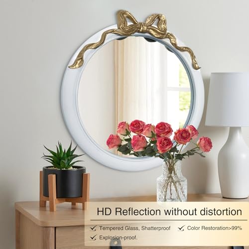 Image of 28x28 inch Gold and White Bow Mirrors for Wall, Round /Circle God Decorative Wall Mounted Mirror, Irregular Mirrors Suitable for Bedroom, Hallway, Living Room Decoration, Nursery, Girls Room