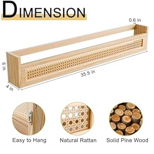 Wood and Rattan Wall Shelf - 36’’ Nursery Floating Shelves for Wall Storage, U-shape Natural Pine Wood Wicker Wall Shelf|Boho Decorative Shelves for Netural Nursery Decor,Living Room,Bedroom Wood and Rattan Wall Shelf 36 Nursery Floating Shelves for Wall Storage U shape Natural Pine Wood Wicker Wall ShelfBoho Decorative Shelves for Netural Nursery DecorLiving RoomBedroom