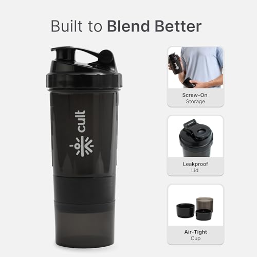 Image of Cult Spider Gym Shaker Bottle | 550ml | 2 Storage Compartment | Workout | Shaker Bottle for Men & Women | Black