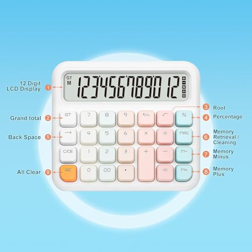 Image of Arsenio New Colorful Mechanical Cute 12 Digit Large LCD Display Big Round Button Calculator Easy to Press with Battery and Solar for School Office Business Home (Multicolor) (Design-04)