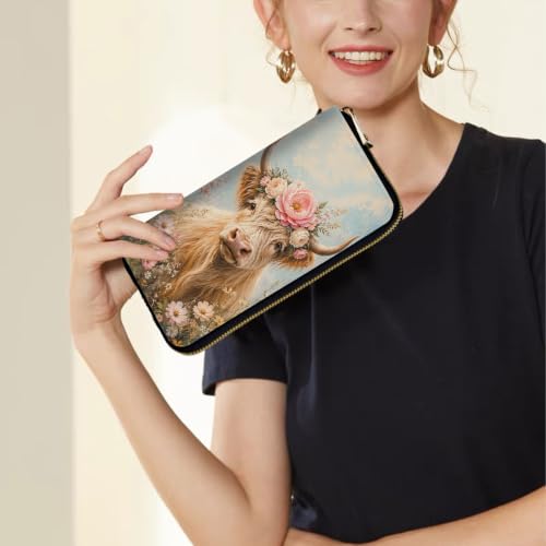 Image of Women's Wallets Credit Card Holder Money Leather Long Wallet | Long wallet with Wristlet,Large Capacity with Zip-Around Phone Purse for Women Ladies Girls,Cute Highland Cow