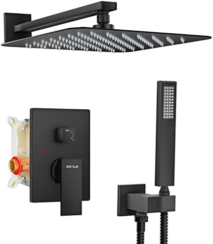 ESNBIA Shower System, Bathroom 12 Inches Rain Shower Head with Handheld Combo Set, Wall Mounted High Pressure Rainfall Dual Shower Head System, Shower Faucet Set with Valve and trim, Matte Black