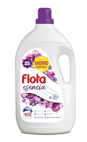 FLOTA | Detergente Líquido Quitamanchas incluso en Agua Fría para Lavadora | Ropa Blanca y de Color | Fragancia Esencia | 100 Lavados | Formato Familiar