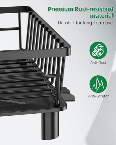 Image of HomeCloud Stainless Steel Dish Drying Rack for Kitchen Counter with Feet, 38 x 28 x 15 cm, Anti-Rust Dish Drainer with Smart Drainage Tray & Cutlery Holder (Black)