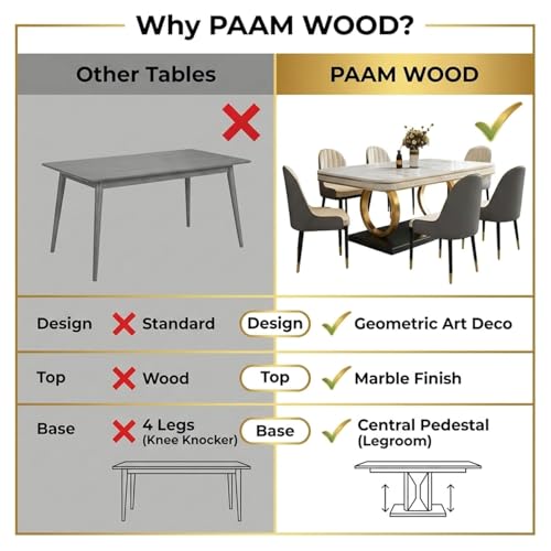 Image of 6-Seater Dining Table with Nano Composite Marble Top and PVC Golden Wooden Base |2yr Warranty - Includes 6 Fabric Upholstered Chairs (Cream, White Marble Top)