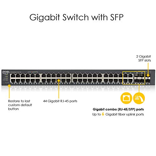 Image of Zyxel 48 Port Ethernet Switch | Smart Managed Gigabit Network Switch | 44x GbE RJ-45 + 4X Combo SFP + 2X SFP Ports | 100 Gbps Switching Capacity | Rack Mount | Smart Fan | Cloud Mode | GS1920-48v2