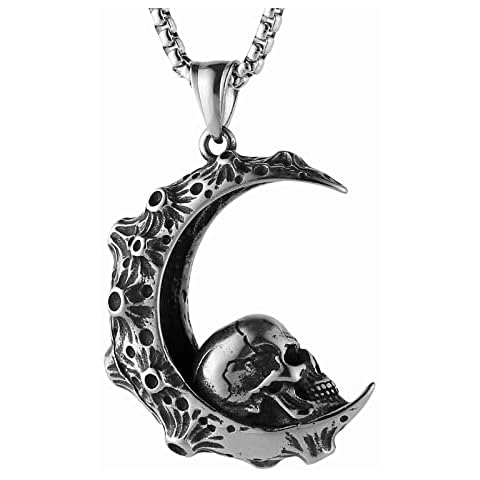 STWTR Men's Gothic Skull Necklace Stainless Steel Punk Moon Crescent Skull Stainless Steel Pendant Necklace, Stainless Steel, not known Cover