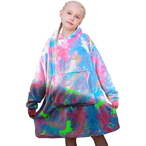 Fiodrimy Wearable Blanket Hoodie for Kids Sherpa Patterns Oversized Sweatshirt Blanket with Pocket (Glow in the Dark), Glow in the Dark, 5-15 Years Cover