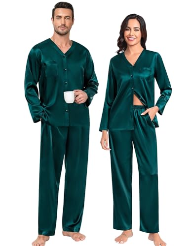 SWOMOG Family Matching Pajamas Sets for Women & Men Couples 2 Pcs Silk Satin Pjs Sets Button-Down Sleepwear Soft Loungewear