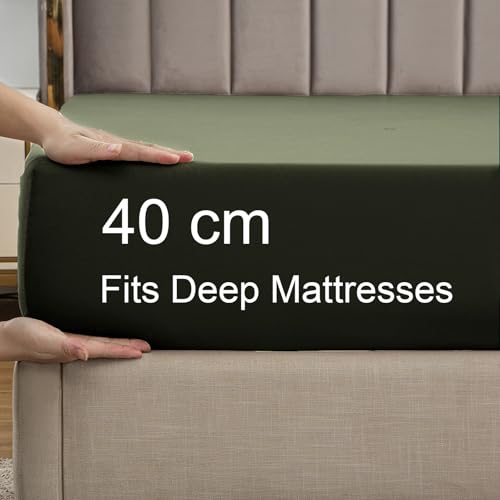 Soifox Super King Fitted Sheet Olive Green, Bed Sheets with Extra Deep Pocket 16 inch (40 cm) - Image 4