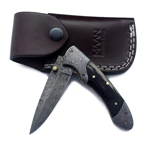 MAAN handmade Damascus Tactical Pocket Knife Sheep Horn Handle Damascus Steel Folding leather sheath Designed for hunting, survival gear & EDC MNK 302