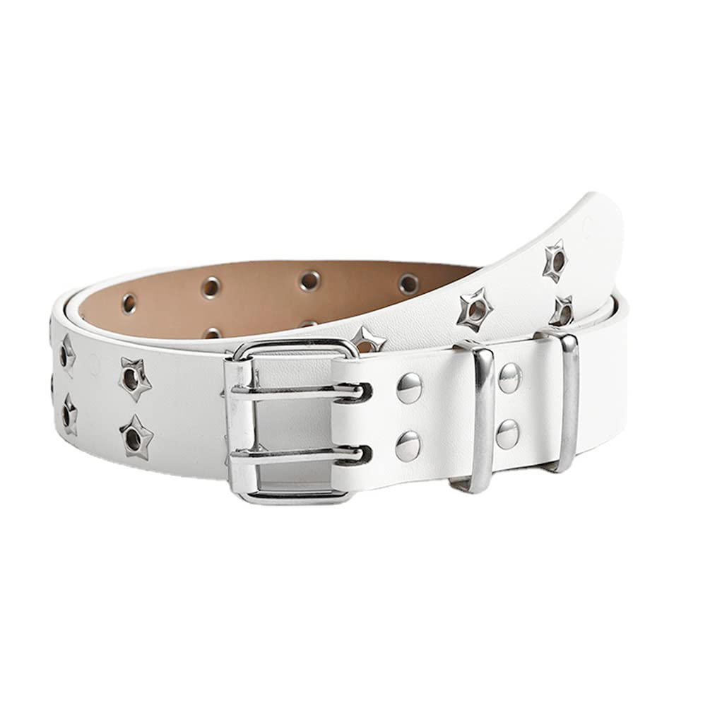 Double Grommet PU Leather Hollow Eyelet Studded Belt - 2 Hole Grommet Casual Jeans Belt for Women & Men (White)