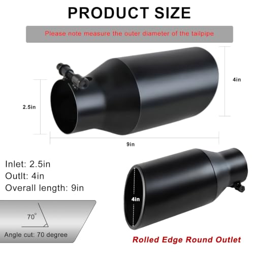 Image of 2.5 inch Inlet Exhaust Tip, 4 inch Outlet 9 inch Long Coated Rolled Edge