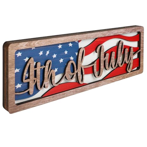 COCHIE Vintage 4th of July Decorations for Office, Home, Table, Mantel, Shelf, Desk, 4 x 11 Inch USA Flag Star Sign, Wooden Fourth of July Decor, Farmhouse Red Blue White Patriotic Centerpiece (Flag)