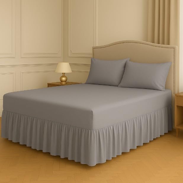 Polycotton Fitted Valance Sheet - Bed Skirt 25cm Deep with 30cm All-Around Frill - Soft Easy Care Wrinkle Resistant Base Cover - Secure Fit Bedding Valance (Grey, Pillowcases Pair)