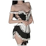 Women French Maid Cosplay Outfits Sexy Exotic Lingerie Bow Knot Backless Chemise Floral Lace Trim Roleplay Costumes Black