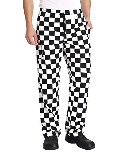 Men’s Black And White Checkerboard Print Chef Pants With Elastic Waist Drawstring Baggy Chef Uniforms Bigplaid Xl #TOP1