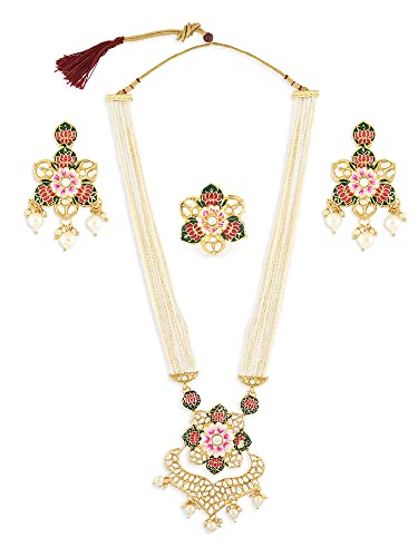 Zaveri Pearls multicolor meenakari lotus long pearl necklace set for women