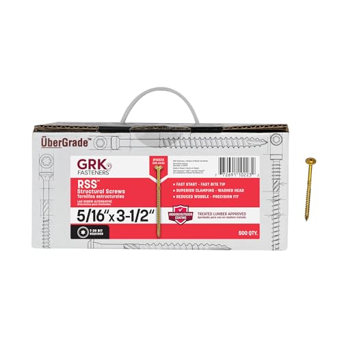 Image of GRK Fasteners RSS 5 /16 x 3-1 /2 Inch, Structural Screws, 500 PCS, Rust Resistant Climatek Coating, Heavy-Duty Framing & Decking Screws, Fast Bite Tip, Star Drive Recess, Gold