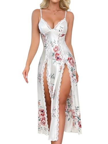 Image of CRIPOM Silk Lingerie Dress for Women Long Nightgowns for Women Sexy Chemise with Thong 2 Piece S-XXL