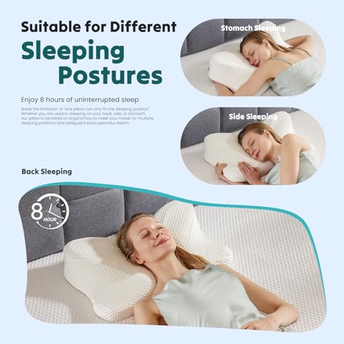 Image of DUMOS Cervical Neck Pillow, Cooling Ergonomic Memory Foam Pillows for Neck Pain Relief with Breathable Pillowcase, Dual Height Orthopedic Support Contour Pillow for Side, Stomach Sleepers, White