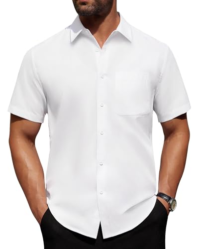 Alimens & Gentle Mens Short Sleeve Dress Shirt Wrinkle Free Solid Casual Button Down Shirts for Summer Business Wedding White L