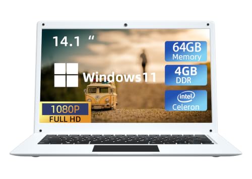 Image of 14.1 inch Laptop Computer,Celeron N3450,4GB RAM and 64GB SSD,Windows 11 Laptop Computers with FHD 1920 * 1080 IPS Display Notebook PC,Slim and Lightweight Notebook,Work and Students laptops,White, WPS