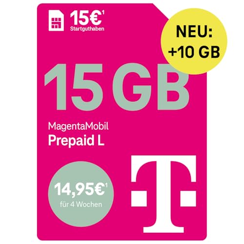 Telekom MagentaMobil Prepaid L mit 25 GB Highspeed-Volumen | 5G/LTE Max & Allnet Flat in alle dt. Netze | unverbrauchtes Datenvolumen weiter nutzen | EU Roaming & Hotspot Flat | 15 EUR Startguthaben Telekom MagentaMobil Prepaid L mit 25 GB Highspeed-Volumen | 5G/LTE Max & Allnet Flat in alle dt. Netze | unverbrauchtes Datenvolumen weiter nutzen | EU Roaming & Hotspot Flat | 15 EUR Startguthaben