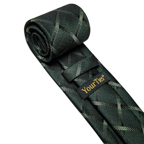 Image of YourTies Green Ties for Men Plaid Necktie Checkered Silk Tie Pocket Square Cufflinks Set Formal Business Party Wedding