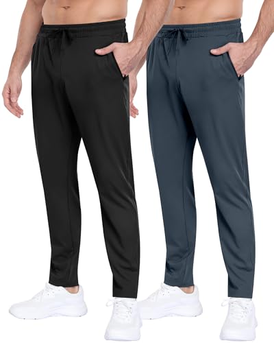 2 Pack Mens Fleece Lined Pants with Zipper Pockets,Winter Athletic Workout Warm Running Joggers Sweatpants for Men-Black/Navy-XL